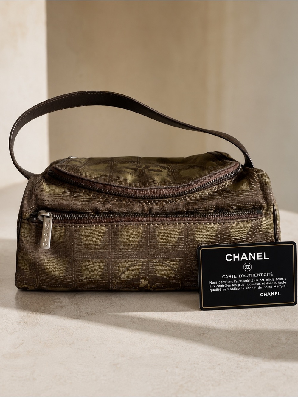 Vintage CHANEL New Travel Line Olive Khaki CC Jacquard Vanity Bag with Card